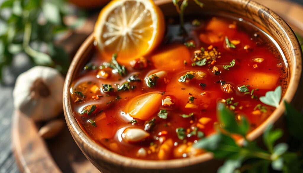A close-up view of a ceramic or wooden bowl filled with a fragrant marinade, featuring fresh herbs, spices, garlic, and citrus. The marinade has a deep amber hue, suggesting a blend of soy sauce, honey, and vinegar. The background is softly blurred, emphasizing the textural details of the ingredients. Warm, directional lighting casts subtle shadows, creating a cozy, inviting atmosphere. The overall composition suggests a delicious, homemade recipe for preparing tender, succulent duck breasts. A close-up view of a ceramic or wooden bowl filled with a fragrant marinade, featuring fresh herbs, spices, garlic, and citrus. The marinade has a deep amber hue, suggesting a blend of soy sauce, honey, and vinegar. The background is softly blurred, emphasizing the textural details of the ingredients. Warm, directional lighting casts subtle shadows, creating a cozy, inviting atmosphere. The overall composition suggests a delicious, homemade recipe for preparing tender, succulent duck breasts.