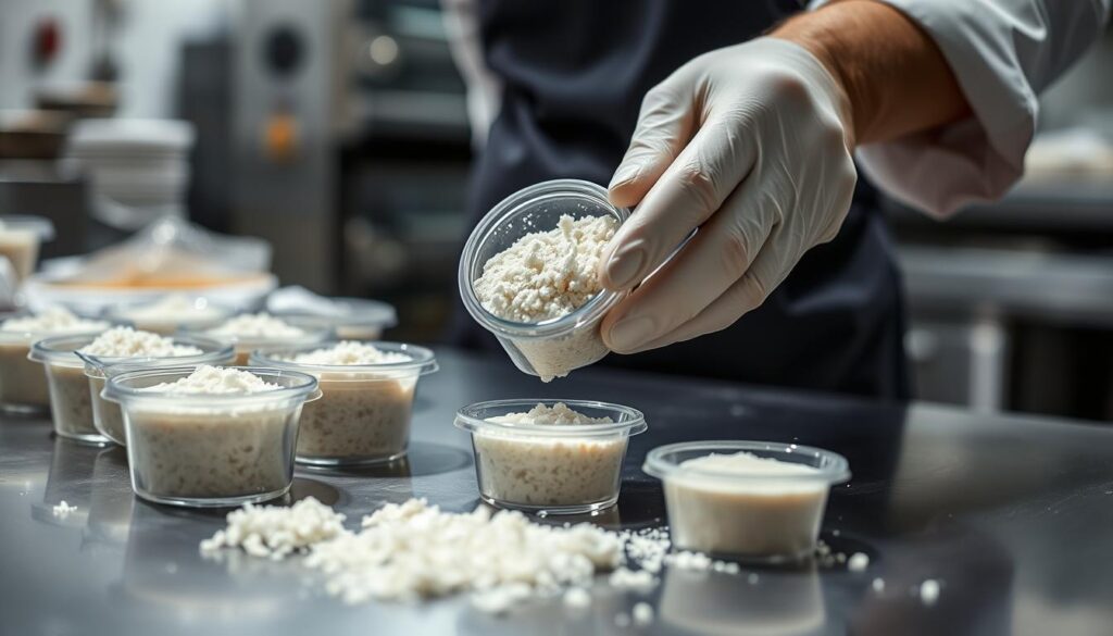 A close-up view of a chef's hands carefully packing fresh, active yeast into small freezer-safe containers. The containers are arranged neatly on a stainless steel work surface, with a soft, even lighting illuminating the scene. In the background, a blurred kitchen environment suggests a professional, culinary setting. The composition emphasizes the delicate process of properly freezing yeast to preserve its leavening power, capturing the knowledge and attention to detail required for this essential ingredient.
