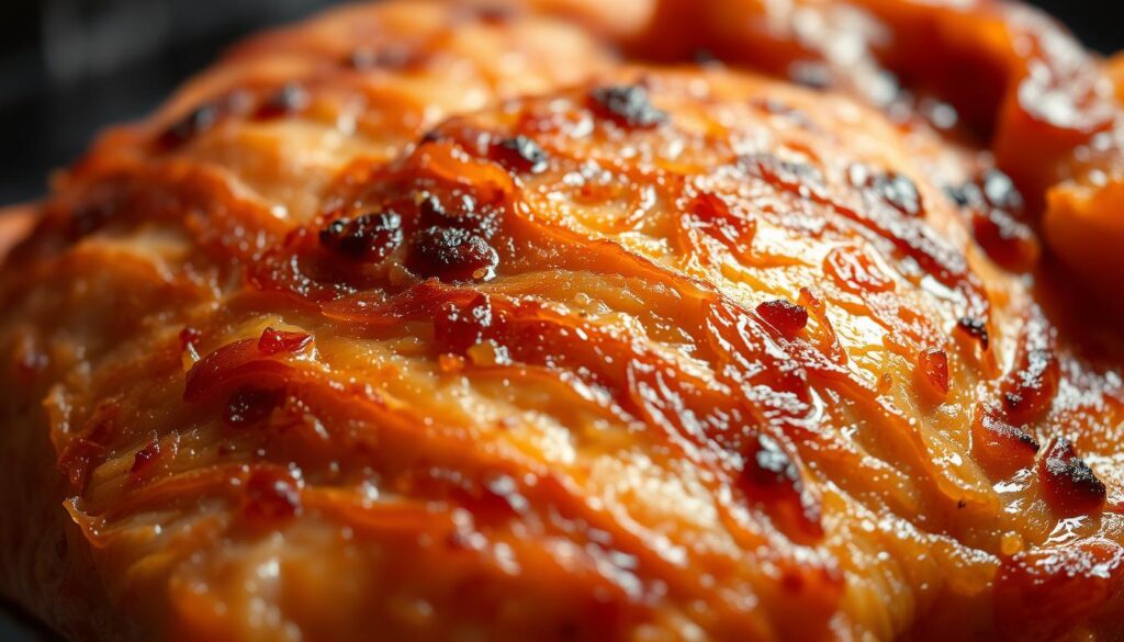 A close-up view of a crispy, golden-brown chicken thigh skin, freshly roasted in a hot oven. The surface is evenly crisped, with a delicate lattice of caramelized ridges and a glistening sheen. Delicate wisps of steam rise from the skin, hinting at the juicy, tender meat beneath. The lighting is warm and soft, casting subtle shadows that accentuate the textural details. The angle is slightly elevated, allowing the viewer to fully appreciate the inviting crunch and sizzle of the "chrupiąca skórka". A close-up view of a crispy, golden-brown chicken thigh skin, freshly roasted in a hot oven. The surface is evenly crisped, with a delicate lattice of caramelized ridges and a glistening sheen. Delicate wisps of steam rise from the skin, hinting at the juicy, tender meat beneath. The lighting is warm and soft, casting subtle shadows that accentuate the textural details. The angle is slightly elevated, allowing the viewer to fully appreciate the inviting crunch and sizzle of the "chrupiąca skórka".