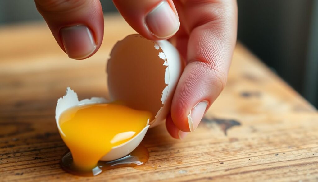 A close-up view of a hand cracking open a fresh, farm-fresh egg on a wooden surface. The egg's yolk glistens as it flows out, revealing its vibrant golden color and perfect consistency. The background is blurred, placing the focus entirely on the act of inspecting the egg's doneness. The lighting is soft and natural, highlighting the delicate textures of the eggshell and the yolk. The camera angle is slightly elevated, giving a bird's-eye perspective on the process of checking the egg's readiness for cooking. A close-up view of a hand cracking open a fresh, farm-fresh egg on a wooden surface. The egg's yolk glistens as it flows out, revealing its vibrant golden color and perfect consistency. The background is blurred, placing the focus entirely on the act of inspecting the egg's doneness. The lighting is soft and natural, highlighting the delicate textures of the eggshell and the yolk. The camera angle is slightly elevated, giving a bird's-eye perspective on the process of checking the egg's readiness for cooking.