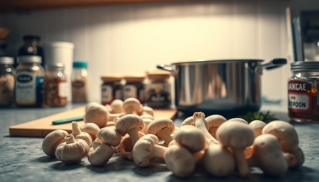A close-up view of a kitchen counter with various cooking utensils and ingredients laid out, including a large pot, cutting board, fresh mushrooms, and seasoning jars. The lighting is soft and diffused, creating a warm and inviting atmosphere. The camera angle is slightly elevated, giving a bird's-eye perspective of the scene. The composition draws the viewer's attention to the preparation process, with the mushrooms in the foreground and the cooking pot in the middle ground, hinting at the upcoming marinating step. The overall mood is one of culinary exploration and attention to detail, setting the stage for the perfect mushroom preservation.