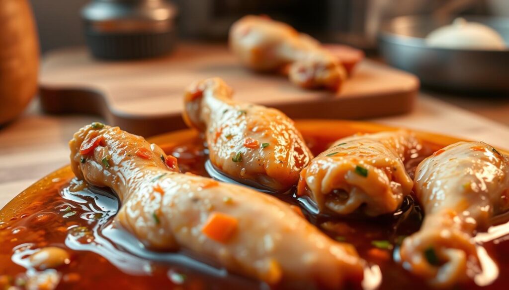 A close-up view of a marinading process, capturing the intricate details of the technique. In the foreground, a set of chicken wings is submerged in a rich, aromatic marinade, showcasing the vibrant colors and textures of the ingredients. The middle ground features a wooden cutting board, suggesting a hands-on, artisanal approach. The background is softly blurred, creating a sense of focus and highlighting the central subject. Warm lighting casts a golden glow, evoking a cozy, homemade atmosphere. The overall composition conveys the care and attention to detail required for the perfect marinade, primed to deliver succulent, flavorful results.