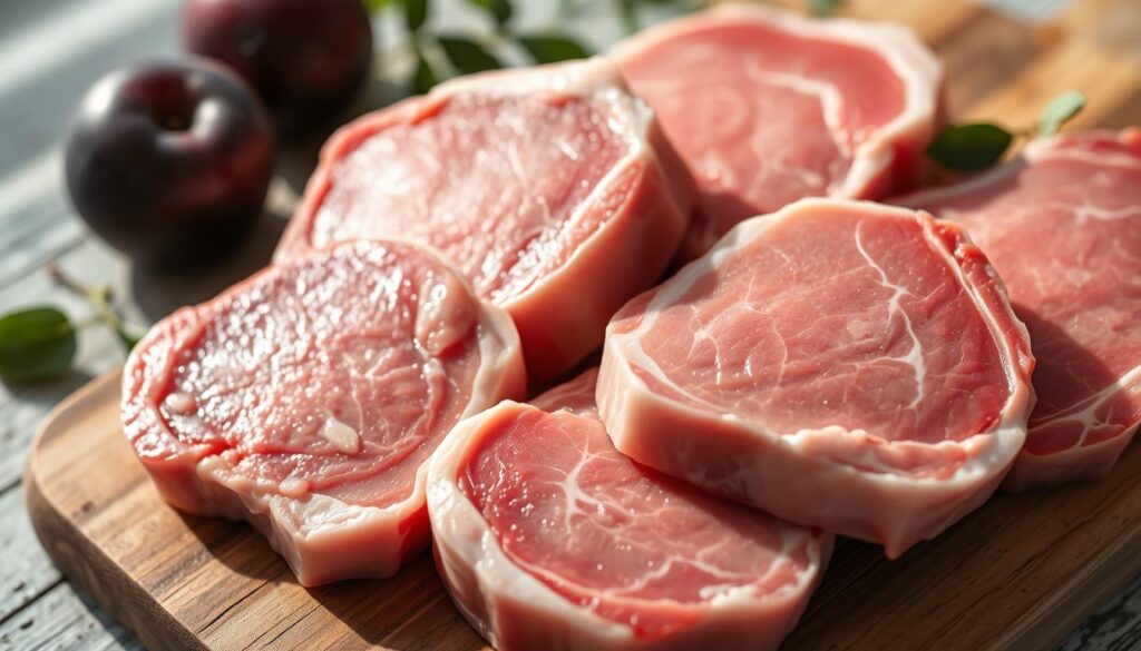 A close-up view of a selection of high-quality pork chops, known as "wybór schabu" in Polish cuisine. The chops are neatly arranged on a rustic wooden cutting board, with their distinctive marbled texture and vibrant pink color clearly visible. Soft natural lighting from the side casts gentle shadows, highlighting the contours and inviting the viewer to imagine the tender, juicy texture of the meat. In the background, a few fresh purple plums, representing the "śliwka" or plum component of the featured recipe, add a complementary color and visual interest. The overall composition conveys a sense of culinary preparation and anticipation, setting the stage for the step-by-step instructions on marinating and cooking the pork chops. A close-up view of a selection of high-quality pork chops, known as "wybór schabu" in Polish cuisine. The chops are neatly arranged on a rustic wooden cutting board, with their distinctive marbled texture and vibrant pink color clearly visible. Soft natural lighting from the side casts gentle shadows, highlighting the contours and inviting the viewer to imagine the tender, juicy texture of the meat. In the background, a few fresh purple plums, representing the "śliwka" or plum component of the featured recipe, add a complementary color and visual interest. The overall composition conveys a sense of culinary preparation and anticipation, setting the stage for the step-by-step instructions on marinating and cooking the pork chops.