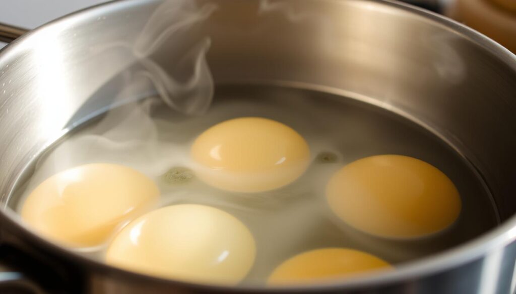 A close-up view of a stainless steel pot filled with simmering water, with several large, farm-fresh eggs gently submerged. The steam rises in delicate wisps, creating a soft, diffuse lighting effect. The scene is captured from a low angle, emphasizing the weight and solidity of the pot. The background is blurred, keeping the focus entirely on the cooking process. The overall mood is one of patient anticipation, as the viewer waits for the perfect soft-boiled eggs to be ready to serve. A close-up view of a stainless steel pot filled with simmering water, with several large, farm-fresh eggs gently submerged. The steam rises in delicate wisps, creating a soft, diffuse lighting effect. The scene is captured from a low angle, emphasizing the weight and solidity of the pot. The background is blurred, keeping the focus entirely on the cooking process. The overall mood is one of patient anticipation, as the viewer waits for the perfect soft-boiled eggs to be ready to serve.