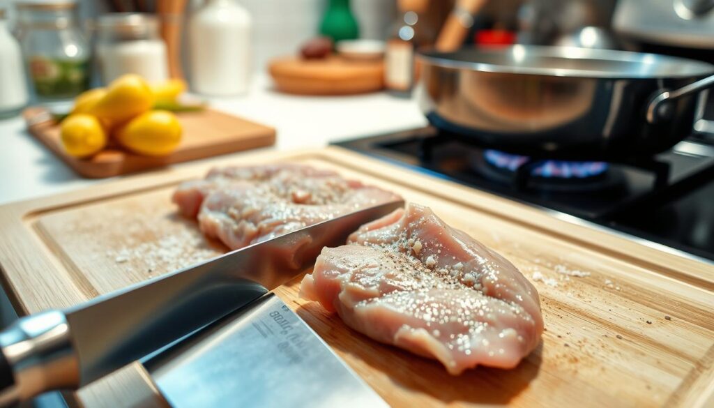 A close-up view of a well-lit kitchen counter, showcasing the careful preparation of a chicken breast fillet. In the foreground, a sharp chef's knife slices through the tender meat, revealing its succulent interior. The fillet rests on a clean, wooden cutting board, surrounded by a light sprinkling of salt and pepper. The middle ground features a pan heating on a stovetop, its shimmering surface ready to sear the seasoned fillet. In the background, a neatly organized array of cooking utensils and ingredients suggests an experienced chef's workspace, setting the stage for the perfect sear and a juicy, flavorful result. A close-up view of a well-lit kitchen counter, showcasing the careful preparation of a chicken breast fillet. In the foreground, a sharp chef's knife slices through the tender meat, revealing its succulent interior. The fillet rests on a clean, wooden cutting board, surrounded by a light sprinkling of salt and pepper. The middle ground features a pan heating on a stovetop, its shimmering surface ready to sear the seasoned fillet. In the background, a neatly organized array of cooking utensils and ingredients suggests an experienced chef's workspace, setting the stage for the perfect sear and a juicy, flavorful result.