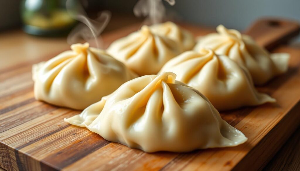 A close-up view of freshly cooked Silesian dumplings (kluski śląskie) on a wooden cutting board, with gentle steam rising from them. The dumplings have a soft, pillowy texture and a light golden-brown color. The lighting is soft and natural, creating a warm, inviting atmosphere. The background is blurred, keeping the focus on the delicate dumplings. The camera angle is slightly elevated, capturing the dumplings from an eye-level perspective, as if the viewer is about to reach in and gently handle them. The image conveys a sense of care and attention in the preparation of these traditional Polish delicacies, ready to be safely thawed and enjoyed. A close-up view of freshly cooked Silesian dumplings (kluski śląskie) on a wooden cutting board, with gentle steam rising from them. The dumplings have a soft, pillowy texture and a light golden-brown color. The lighting is soft and natural, creating a warm, inviting atmosphere. The background is blurred, keeping the focus on the delicate dumplings. The camera angle is slightly elevated, capturing the dumplings from an eye-level perspective, as if the viewer is about to reach in and gently handle them. The image conveys a sense of care and attention in the preparation of these traditional Polish delicacies, ready to be safely thawed and enjoyed.