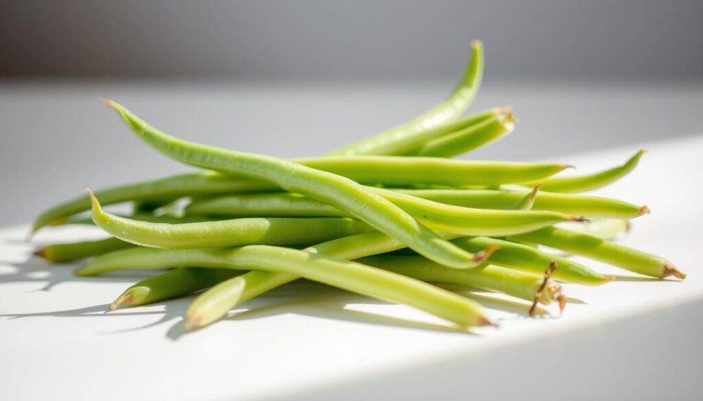 A close-up view of freshly picked green string beans, their ends neatly trimmed and any tough fibers gently removed. The beans are positioned on a clean, light-colored surface, illuminated by soft, diffused natural light, casting gentle shadows. The overall mood is one of simplicity and attention to detail, perfectly capturing the preparation stage before cooking these vibrant, al dente vegetables. A close-up view of freshly picked green string beans, their ends neatly trimmed and any tough fibers gently removed. The beans are positioned on a clean, light-colored surface, illuminated by soft, diffused natural light, casting gentle shadows. The overall mood is one of simplicity and attention to detail, perfectly capturing the preparation stage before cooking these vibrant, al dente vegetables.