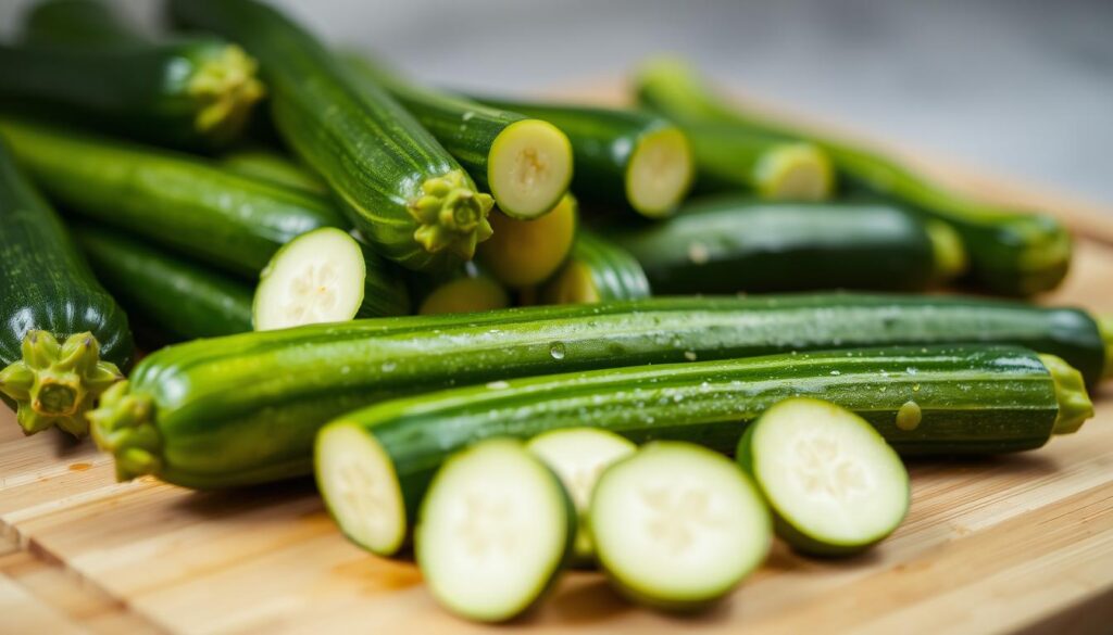 A close-up view of freshly washed and prepared zucchini, ready for sautéing. The zucchini are arranged neatly on a wooden cutting board, their vibrant green skins glistening under soft, natural lighting. The background is blurred, creating a serene, minimalist atmosphere that allows the viewer to focus on the produce. The zucchini are cleanly trimmed, with the ends removed and any blemishes or imperfections carefully cut away, showcasing their uniform shape and texture. This image captures the preparatory stage before the zucchini are expertly sliced and seared to achieve a delicate, flavorful result. A close-up view of freshly washed and prepared zucchini, ready for sautéing. The zucchini are arranged neatly on a wooden cutting board, their vibrant green skins glistening under soft, natural lighting. The background is blurred, creating a serene, minimalist atmosphere that allows the viewer to focus on the produce. The zucchini are cleanly trimmed, with the ends removed and any blemishes or imperfections carefully cut away, showcasing their uniform shape and texture. This image captures the preparatory stage before the zucchini are expertly sliced and seared to achieve a delicate, flavorful result.