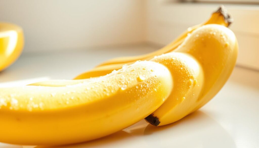 A close-up view of ripe bananas being carefully defrosted on a clean, white kitchen counter. Soft, natural lighting illuminates the fruit, highlighting its smooth, yellow skin and the moisture droplets forming on the surface. The bananas are arranged in a fan-like pattern, gently thawing and emitting a sweet, inviting aroma. The scene conveys a sense of patience and care, as the viewer anticipates the bananas' transformation from frozen to ready-to-use. The overall atmosphere is warm, serene, and focused on the simple task of properly defrosting these versatile and beloved tropical fruits.