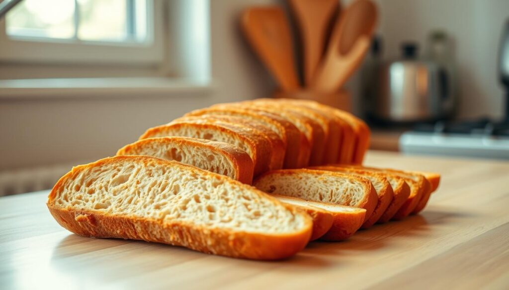 A cozy kitchen counter with a freshly baked loaf of golden-brown toast bread, ready to be frozen for future enjoyment. The bread is sliced into even, crisp pieces, positioned in an orderly fashion, ready for the optimal freezing process. Soft natural lighting from a nearby window illuminates the scene, casting a warm glow on the bread's surface. The background is softly blurred, allowing the main subject to take center stage. The overall mood is one of practicality and attention to detail, reflecting the care and preparation required to properly freeze and preserve the freshness of the toast bread. A cozy kitchen counter with a freshly baked loaf of golden-brown toast bread, ready to be frozen for future enjoyment. The bread is sliced into even, crisp pieces, positioned in an orderly fashion, ready for the optimal freezing process. Soft natural lighting from a nearby window illuminates the scene, casting a warm glow on the bread's surface. The background is softly blurred, allowing the main subject to take center stage. The overall mood is one of practicality and attention to detail, reflecting the care and preparation required to properly freeze and preserve the freshness of the toast bread.