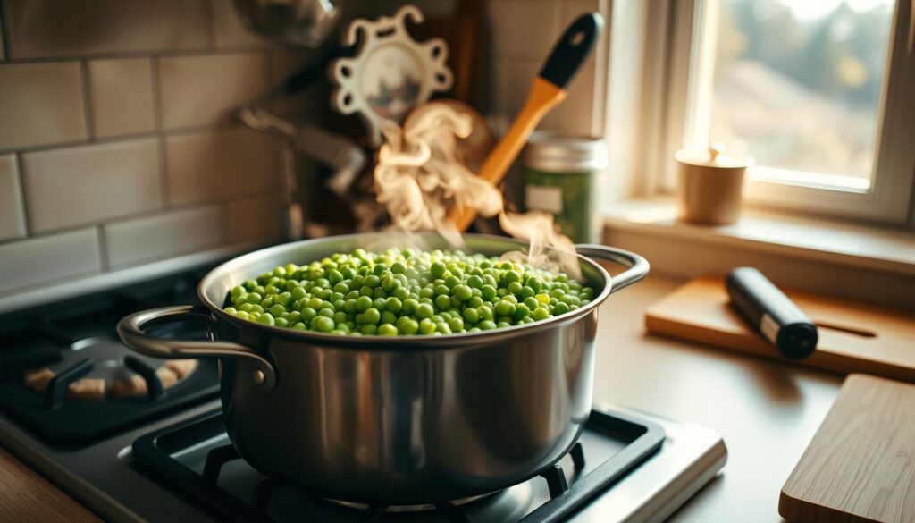 A cozy kitchen scene with a large pot simmering on the stove, steam gently rising from the top. Inside the pot, a hearty portion of green peas, their vibrant color contrasting with the warm, earthen tones of the kitchen. Soft, natural lighting filters in through a nearby window, casting a gentle glow on the scene. The countertop is neatly organized, with a few cooking utensils and a cutting board nearby, hinting at the preparation process. The atmosphere is one of homely comfort, inviting the viewer to imagine the delicious aroma and the satisfying texture of the perfectly cooked peas. A cozy kitchen scene with a large pot simmering on the stove, steam gently rising from the top. Inside the pot, a hearty portion of green peas, their vibrant color contrasting with the warm, earthen tones of the kitchen. Soft, natural lighting filters in through a nearby window, casting a gentle glow on the scene. The countertop is neatly organized, with a few cooking utensils and a cutting board nearby, hinting at the preparation process. The atmosphere is one of homely comfort, inviting the viewer to imagine the delicious aroma and the satisfying texture of the perfectly cooked peas.