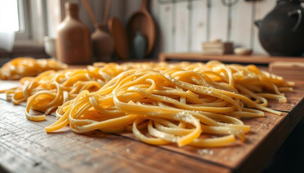 A cozy kitchen scene with freshly prepared łazanki (traditional Polish noodle dish) laid out on a wooden table, ready for freezing. Soft, diffused lighting from above illuminates the delicate textures of the noodles, their golden-brown hue glistening. In the background, a simple, rustic decor with neutral tones complements the natural aesthetic. The composition emphasizes the preparation process, capturing the care and attention required to preserve the flavor and texture of the łazanki for future enjoyment. The overall mood is one of homely, comforting, and thoughtful food preparation. A cozy kitchen scene with freshly prepared łazanki (traditional Polish noodle dish) laid out on a wooden table, ready for freezing. Soft, diffused lighting from above illuminates the delicate textures of the noodles, their golden-brown hue glistening. In the background, a simple, rustic decor with neutral tones complements the natural aesthetic. The composition emphasizes the preparation process, capturing the care and attention required to preserve the flavor and texture of the łazanki for future enjoyment. The overall mood is one of homely, comforting, and thoughtful food preparation.
