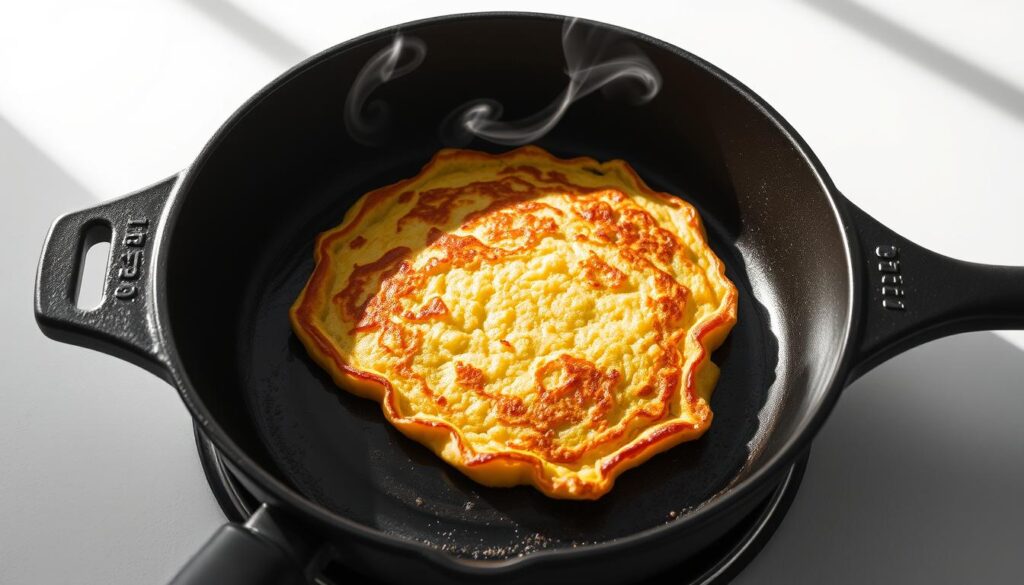 A crisp and golden potato pancake sizzles in a cast-iron skillet, its edges delicately laced with a lacy, caramelized crust. Wisps of steam rise from the surface, hinting at the fluffy, starchy interior. The pan is set against a clean, minimalist backdrop, with a dramatic side-lighting casting dramatic shadows and highlights across the scene. The composition is simple yet elegant, drawing the viewer's attention to the beautiful texture and form of the perfectly cooked potato pancake.