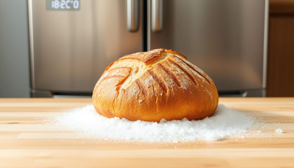 A crisp, golden-brown loaf of freshly baked bread sits atop a clean, wooden surface, surrounded by a layer of pristine, crystalline frost. The bread is perfectly centered, bathed in soft, diffused lighting that highlights its delicate texture and the intricate scoring patterns on its crust. In the background, a sleek, stainless-steel freezer unit stands, its digital display indicating an optimal temperature of -18°C (0°F), the ideal setting for preserving the bread's freshness and flavor. The overall scene conveys a sense of calm, precision, and the careful balance required to maintain the perfect frozen state of the bread, ready to be thawed and enjoyed at its peak. A crisp, golden-brown loaf of freshly baked bread sits atop a clean, wooden surface, surrounded by a layer of pristine, crystalline frost. The bread is perfectly centered, bathed in soft, diffused lighting that highlights its delicate texture and the intricate scoring patterns on its crust. In the background, a sleek, stainless-steel freezer unit stands, its digital display indicating an optimal temperature of -18°C (0°F), the ideal setting for preserving the bread's freshness and flavor. The overall scene conveys a sense of calm, precision, and the careful balance required to maintain the perfect frozen state of the bread, ready to be thawed and enjoyed at its peak.