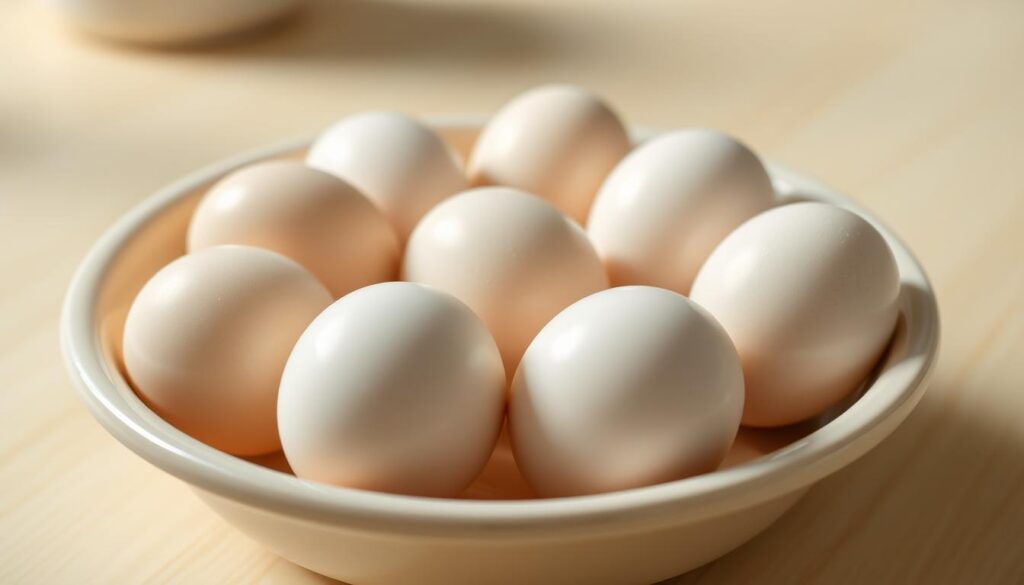 A crisp, high-resolution image of a group of fresh, organic chicken eggs being carefully prepared for hard-boiling. The eggs are arranged in a classic light-colored ceramic bowl on a clean, bright wooden surface. The lighting is soft and natural, gently illuminating the eggs' smooth, gleaming shells. The foreground is in sharp focus, while the background is pleasantly blurred, creating a sense of depth and emphasizing the simple, wholesome subject. The overall mood is one of careful attention and culinary precision, reflecting the importance of properly preparing the eggs before the cooking process.