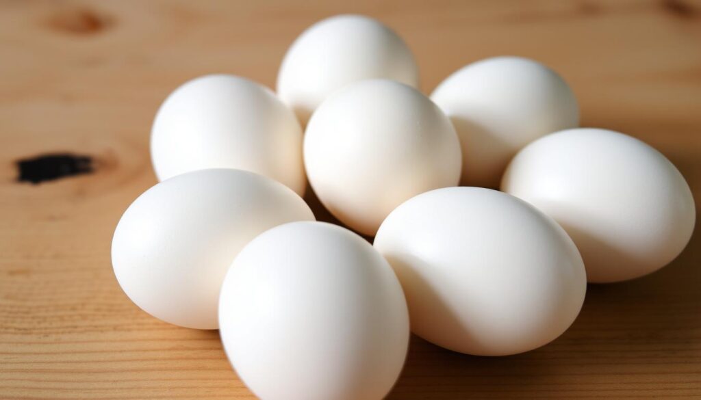A crisp, well-lit close-up of a group of fresh, free-range chicken eggs on a rustic wooden surface. The eggs have a smooth, unblemished shell texture, glistening with a slight sheen. The lighting is soft and diffused, casting gentle shadows that accentuate the three-dimensional form of the eggs. The background is a simple, uncluttered natural wood grain, allowing the pristine eggs to be the central focus. The overall mood is one of purity, simplicity, and the inherent goodness of high-quality, farm-fresh ingredients. A crisp, well-lit close-up of a group of fresh, free-range chicken eggs on a rustic wooden surface. The eggs have a smooth, unblemished shell texture, glistening with a slight sheen. The lighting is soft and diffused, casting gentle shadows that accentuate the three-dimensional form of the eggs. The background is a simple, uncluttered natural wood grain, allowing the pristine eggs to be the central focus. The overall mood is one of purity, simplicity, and the inherent goodness of high-quality, farm-fresh ingredients.