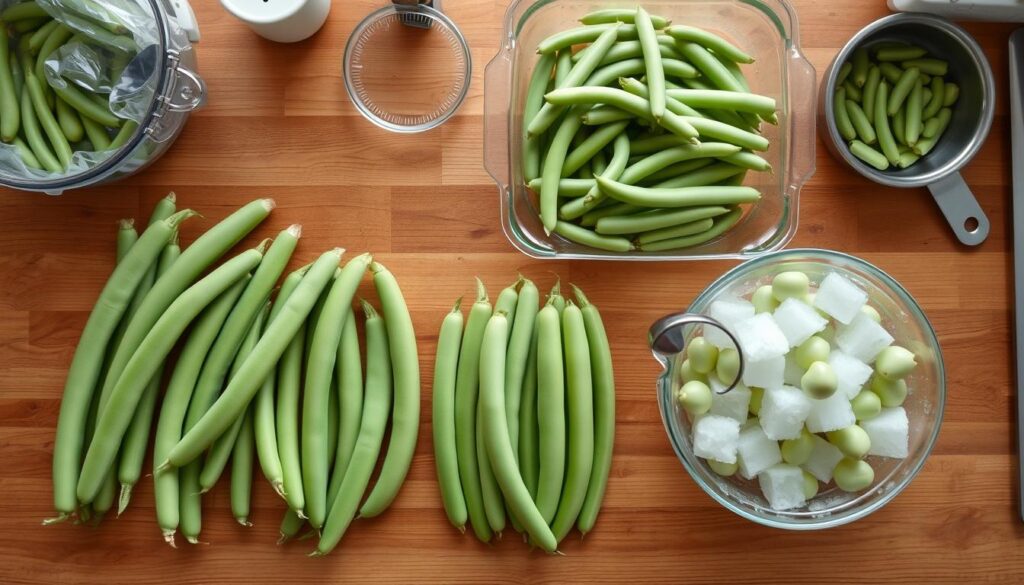 A crisp, well-lit overhead view of a wooden kitchen counter or table with freshly harvested green broad beans (also known as fava beans) neatly arranged. In the foreground, showcase the proper way to prepare the beans for freezing - clean, trimmed, and arranged in an orderly fashion. In the middle ground, depict the key steps of the freezing process, such as blanching the beans in boiling water and transferring them to an ice bath. In the background, include simple kitchen tools and appliances that could be used for this task, creating a sense of a functional, organized workspace. Convey a mood of calm, instructive clarity that would guide the viewer through the best practices of properly freezing broad beans to preserve their fresh flavor and texture. A crisp, well-lit overhead view of a wooden kitchen counter or table with freshly harvested green broad beans (also known as fava beans) neatly arranged. In the foreground, showcase the proper way to prepare the beans for freezing - clean, trimmed, and arranged in an orderly fashion. In the middle ground, depict the key steps of the freezing process, such as blanching the beans in boiling water and transferring them to an ice bath. In the background, include simple kitchen tools and appliances that could be used for this task, creating a sense of a functional, organized workspace. Convey a mood of calm, instructive clarity that would guide the viewer through the best practices of properly freezing broad beans to preserve their fresh flavor and texture.