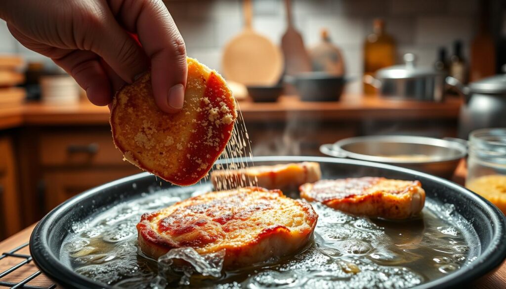 A delectable step-by-step sequence showcasing the artful preparation of classic Polish pork chops (kotlety schabowe). In the foreground, a skilled hand meticulously breads and fries the juicy cutlets, creating a tantalizing golden-brown crust. The middle ground captures the sizzling oil, filling the frame with the alluring aroma of seared meat. In the background, a warm, rustic kitchen setting with wooden countertops and vintage cookware creates an inviting atmosphere, perfectly complementing the comforting homemade dish. Soft, indirect lighting accentuates the texture and highlights the crisp, flawless presentation. This evocative culinary scene captures the essence of the traditional "krok po kroku" (step-by-step) cooking technique, enticing the viewer to savor every mouthwatering detail. A delectable step-by-step sequence showcasing the artful preparation of classic Polish pork chops (kotlety schabowe). In the foreground, a skilled hand meticulously breads and fries the juicy cutlets, creating a tantalizing golden-brown crust. The middle ground captures the sizzling oil, filling the frame with the alluring aroma of seared meat. In the background, a warm, rustic kitchen setting with wooden countertops and vintage cookware creates an inviting atmosphere, perfectly complementing the comforting homemade dish. Soft, indirect lighting accentuates the texture and highlights the crisp, flawless presentation. This evocative culinary scene captures the essence of the traditional "krok po kroku" (step-by-step) cooking technique, enticing the viewer to savor every mouthwatering detail.