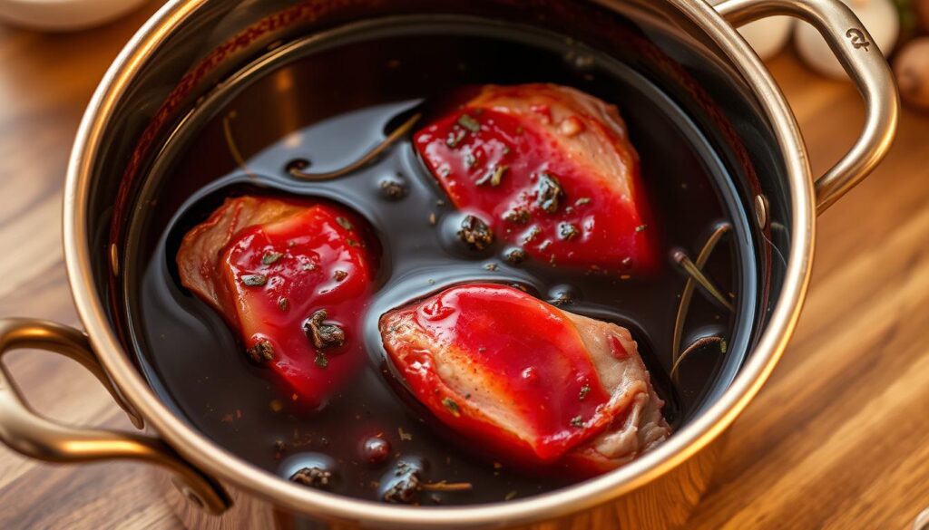 A delicately crafted marinade bathes succulent duck breasts in a symphony of flavors. The deep burgundy liquid glistens under warm studio lighting, hinting at the rich, tender meat within. Fragrant herbs and spices float in the mixture, their aromatic essences swirling and mingling. A classic French copper pot sits in the foreground, reflecting the marinade's alluring sheen. In the background, an elegant wooden surface provides a natural, rustic contrast, setting the stage for this culinary masterpiece. A delicately crafted marinade bathes succulent duck breasts in a symphony of flavors. The deep burgundy liquid glistens under warm studio lighting, hinting at the rich, tender meat within. Fragrant herbs and spices float in the mixture, their aromatic essences swirling and mingling. A classic French copper pot sits in the foreground, reflecting the marinade's alluring sheen. In the background, an elegant wooden surface provides a natural, rustic contrast, setting the stage for this culinary masterpiece.