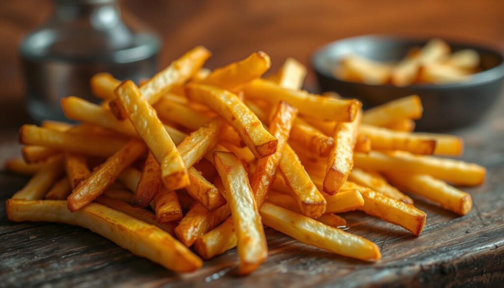 A delightful close-up shot of freshly fried homemade french fries, sizzling golden-brown and crispy, arranged on a rustic wooden surface with a warm, inviting lighting. The fries are beautifully cut, evenly sized, and glistening with a light coat of oil. The scene is set against a blurred backdrop, allowing the focus to remain on the captivating textures and mouthwatering details of the fries. The overall atmosphere is cozy, earthy, and evokes the comforting experience of preparing a homemade meal.