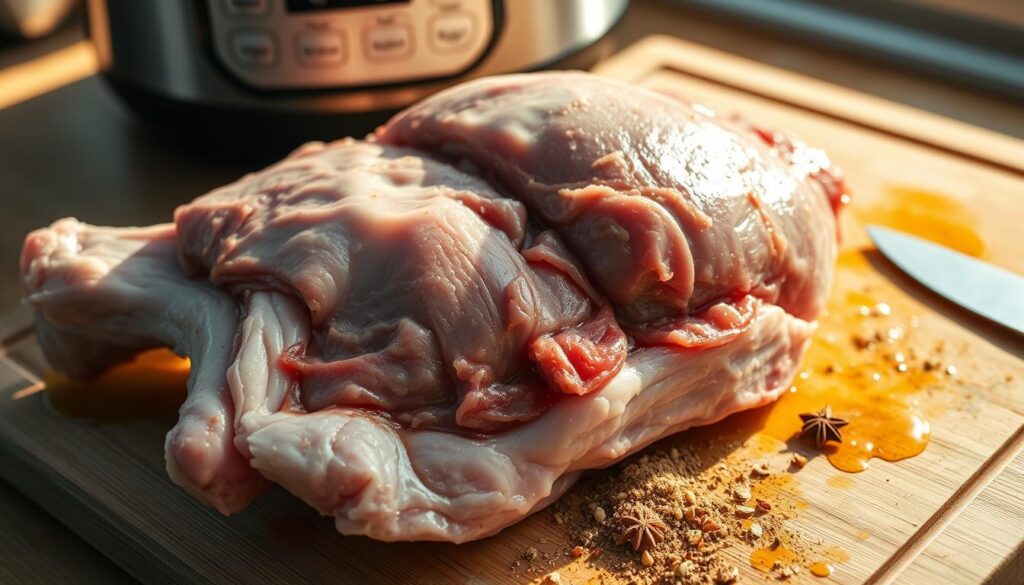 A detailed close-up of pork knuckle (golonka) being prepared for cooking in a pressure cooker. The knuckle is resting on a wooden cutting board, showcasing its succulent skin and thick layer of fat. Juices and spices are scattered around, ready to be rubbed into the meat. Bright natural lighting illuminates the scene, casting warm shadows and highlighting the textural details. The composition emphasizes the anticipation and care involved in preparing this hearty dish, evoking the comforting aroma of a slow-cooked feast. A detailed close-up of pork knuckle (golonka) being prepared for cooking in a pressure cooker. The knuckle is resting on a wooden cutting board, showcasing its succulent skin and thick layer of fat. Juices and spices are scattered around, ready to be rubbed into the meat. Bright natural lighting illuminates the scene, casting warm shadows and highlighting the textural details. The composition emphasizes the anticipation and care involved in preparing this hearty dish, evoking the comforting aroma of a slow-cooked feast.