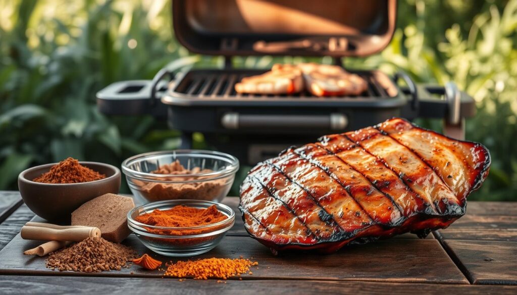 A detailed still life scene showcasing "suchy rub vs marynata" for grilled pork belly. In the foreground, a selection of dry rub spices and a bowl of marinating mixture are artfully arranged on a rustic wooden table. The middle ground features a partially grilled pork belly slab, glistening with caramelized edges. In the background, a vintage grill sits amidst lush greenery, casting warm, natural lighting on the scene. The overall mood is one of culinary expertise and mouthwatering anticipation, inviting the viewer to explore the best methods for seasoning pork belly to achieve maximum aroma and flavor. A detailed still life scene showcasing "suchy rub vs marynata" for grilled pork belly. In the foreground, a selection of dry rub spices and a bowl of marinating mixture are artfully arranged on a rustic wooden table. The middle ground features a partially grilled pork belly slab, glistening with caramelized edges. In the background, a vintage grill sits amidst lush greenery, casting warm, natural lighting on the scene. The overall mood is one of culinary expertise and mouthwatering anticipation, inviting the viewer to explore the best methods for seasoning pork belly to achieve maximum aroma and flavor.