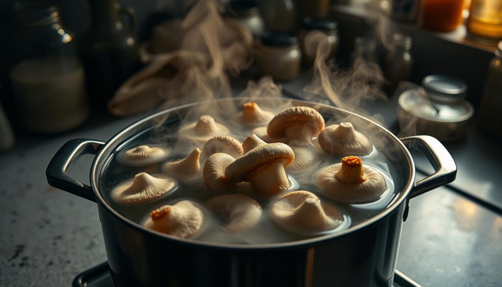 A dimly lit kitchen counter, with a steaming pot of mushrooms being pasteurized. The mushrooms, carefully selected and prepared, are submerged in a clear liquid, surrounded by a haze of steam. The scene is illuminated by a warm, golden light, casting soft shadows and creating a sense of tranquility. In the background, jars and bottles of various sizes suggest the process of pickling and preserving these precious fungi. The overall atmosphere conveys the importance of proper pasteurization in maintaining the quality and longevity of the marinated mushrooms.