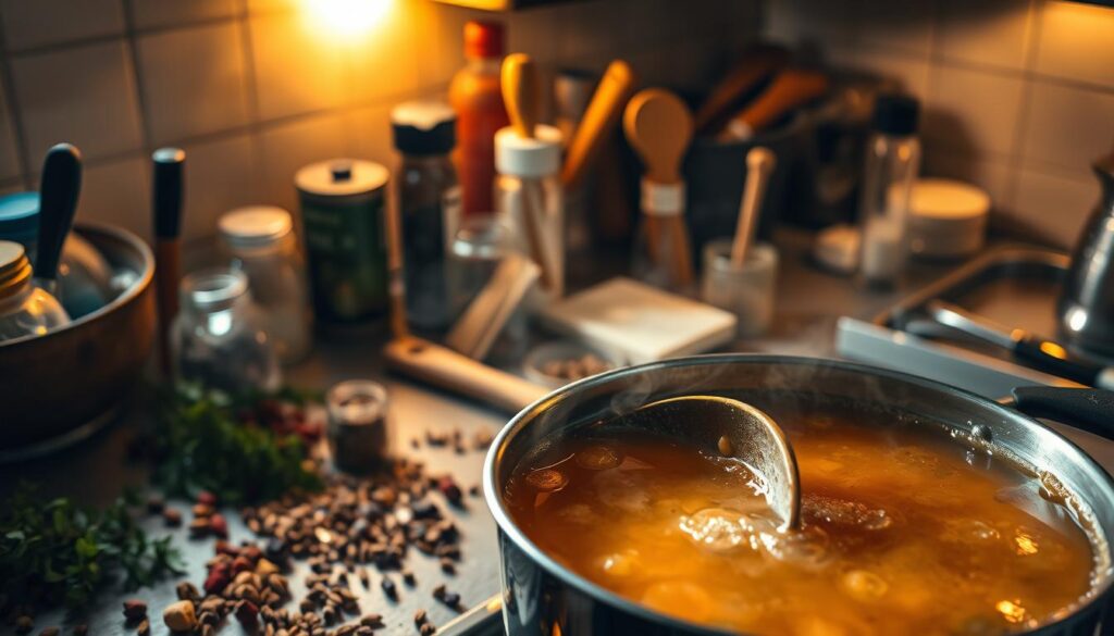 A dimly lit kitchen countertop, cluttered with various cooking utensils and spices, the scene illuminated by a warm, golden light. In the foreground, a wooden spoon stirs a bubbling pot of krupnik, the broth a cloudy, amber hue. Surrounding the pot, a scattering of herbs, peppercorns, and other spices hint at the flavors that should be carefully balanced. In the background, blurred silhouettes of failed attempts - a pot boiling over, a spice jar knocked to the floor - serve as a cautionary tale, emphasizing the importance of getting the seasoning just right. The overall atmosphere is one of culinary experimentation, where the pursuit of the perfect krupnik is fraught with potential missteps, but the reward of a deeply flavorful, aromatic dish is worth the effort.