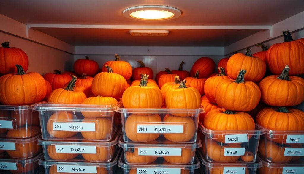 A freezer filled with neatly stacked pumpkins, their vibrant orange hues softly illuminated by a warm, overhead light. The pumpkins sit atop rows of clear plastic containers, each one carefully labeled with the date of storage. The scene exudes a sense of organization and efficiency, with the freezer's interior maintaining a crisp, frosty atmosphere. The pumpkins appear freshly harvested, their smooth skin and intact stems suggesting they have been properly prepared for long-term storage. The overall composition conveys the idea of preserving the bounty of the autumn harvest for enjoyment throughout the colder months. A freezer filled with neatly stacked pumpkins, their vibrant orange hues softly illuminated by a warm, overhead light. The pumpkins sit atop rows of clear plastic containers, each one carefully labeled with the date of storage. The scene exudes a sense of organization and efficiency, with the freezer's interior maintaining a crisp, frosty atmosphere. The pumpkins appear freshly harvested, their smooth skin and intact stems suggesting they have been properly prepared for long-term storage. The overall composition conveys the idea of preserving the bounty of the autumn harvest for enjoyment throughout the colder months.