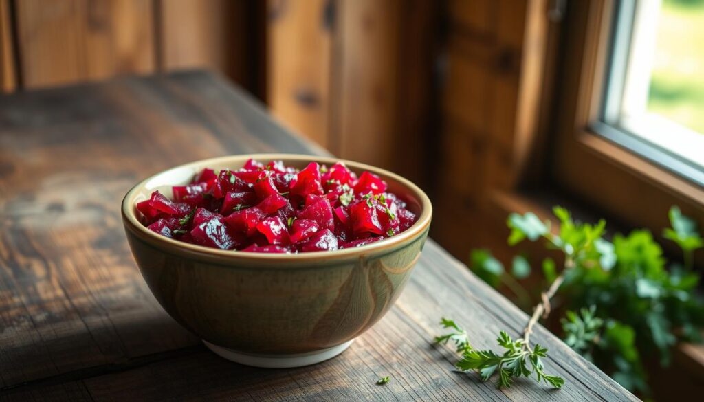 A freshly prepared bowl of homemade beet relish, known as "ćwikła", sits on a rustic wooden table. The deep crimson-hued beets, finely grated, are lightly dressed with a tangy vinegar and herb mixture, creating a vibrant, appetizing display. Sunlight filters through a nearby window, casting a warm, natural glow over the scene. The relish's inviting aroma fills the air, promising a flavorful accompaniment to various dishes. The composition captures the essence of this traditional Polish condiment, ready to be enjoyed as part of a heartwarming meal.