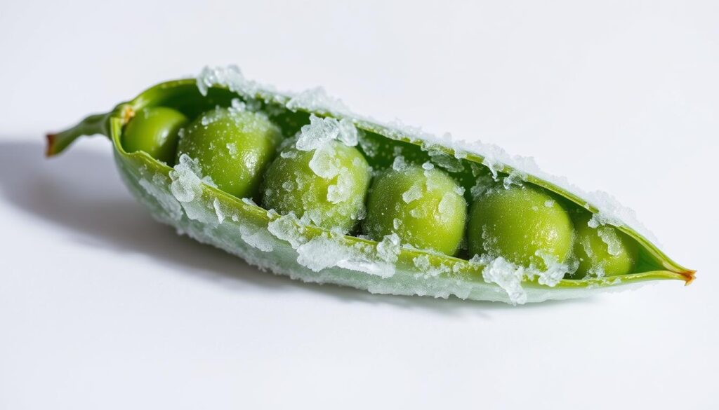 A frozen green broad bean pod, its surface covered in delicate ice crystals, rests on a white background. The pod is angled slightly, casting a soft shadow that adds depth and dimension. Soft, diffused lighting illuminates the pod, highlighting its vibrant green hue and the intricate texture of the frozen surface. The overall mood is one of quiet stillness and preservation, capturing the essence of the "mrożenie bobu" process in a visually compelling and technically precise manner. A frozen green broad bean pod, its surface covered in delicate ice crystals, rests on a white background. The pod is angled slightly, casting a soft shadow that adds depth and dimension. Soft, diffused lighting illuminates the pod, highlighting its vibrant green hue and the intricate texture of the frozen surface. The overall mood is one of quiet stillness and preservation, capturing the essence of the "mrożenie bobu" process in a visually compelling and technically precise manner.