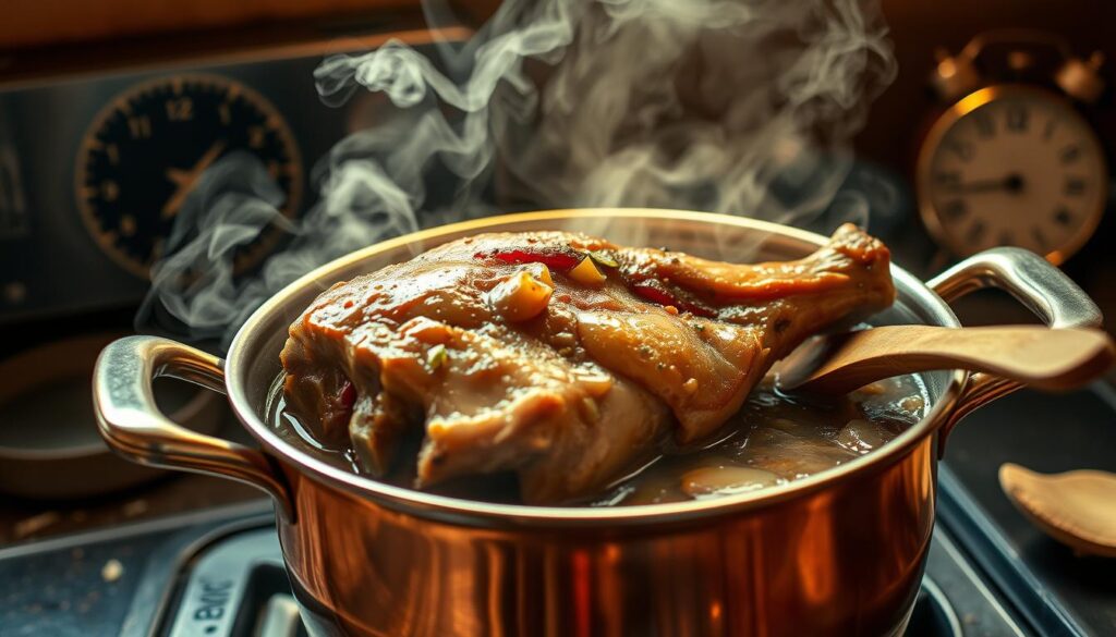 A gleaming copper pot simmering on a rustic stovetop, filled with a tender pork knuckle, slowly braising in a rich, aromatic broth. Steam gently rises, filling the air with the scent of garlic, onions, and fragrant spices. The knuckle's golden-brown skin glistens, its meat falling off the bone with the slightest touch. A wooden spoon rests nearby, ready to test the tenderness of the succulent meat. The scene is bathed in warm, softly diffused lighting, evoking a cozy, homey atmosphere. In the background, a vintage oven timer ticks away, measuring the passage of time as the pork becomes increasingly tender and flavorful. A gleaming copper pot simmering on a rustic stovetop, filled with a tender pork knuckle, slowly braising in a rich, aromatic broth. Steam gently rises, filling the air with the scent of garlic, onions, and fragrant spices. The knuckle's golden-brown skin glistens, its meat falling off the bone with the slightest touch. A wooden spoon rests nearby, ready to test the tenderness of the succulent meat. The scene is bathed in warm, softly diffused lighting, evoking a cozy, homey atmosphere. In the background, a vintage oven timer ticks away, measuring the passage of time as the pork becomes increasingly tender and flavorful.