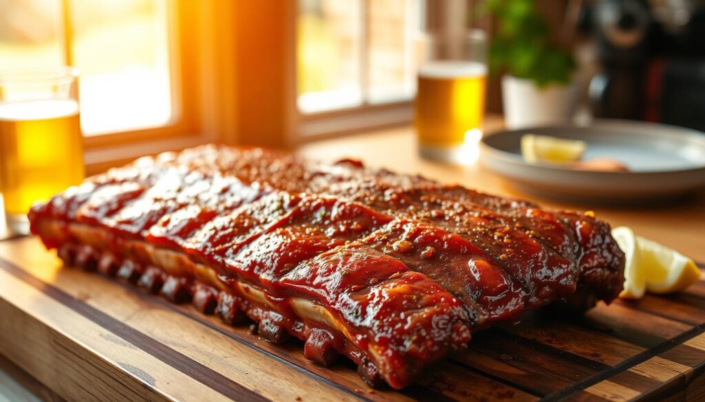 A glistening marinade-coated rack of pork ribs rests on a rustic wooden cutting board, ready for the grill. The aroma of smoked paprika, garlic, and brown sugar wafts through the air, promising a bold and flavorful American-style BBQ experience. Warm sunlight filters through the kitchen window, casting a soft glow on the succulent meat. In the background, a simple yet elegant table setting hints at the meal to come, with a glass of craft beer and fresh lemon wedges nearby. The scene evokes a backyard cookout, where tender, marinated ribs sizzle over an open flame, imbuing the dish with a smoky, caramelized crust. A glistening marinade-coated rack of pork ribs rests on a rustic wooden cutting board, ready for the grill. The aroma of smoked paprika, garlic, and brown sugar wafts through the air, promising a bold and flavorful American-style BBQ experience. Warm sunlight filters through the kitchen window, casting a soft glow on the succulent meat. In the background, a simple yet elegant table setting hints at the meal to come, with a glass of craft beer and fresh lemon wedges nearby. The scene evokes a backyard cookout, where tender, marinated ribs sizzle over an open flame, imbuing the dish with a smoky, caramelized crust.