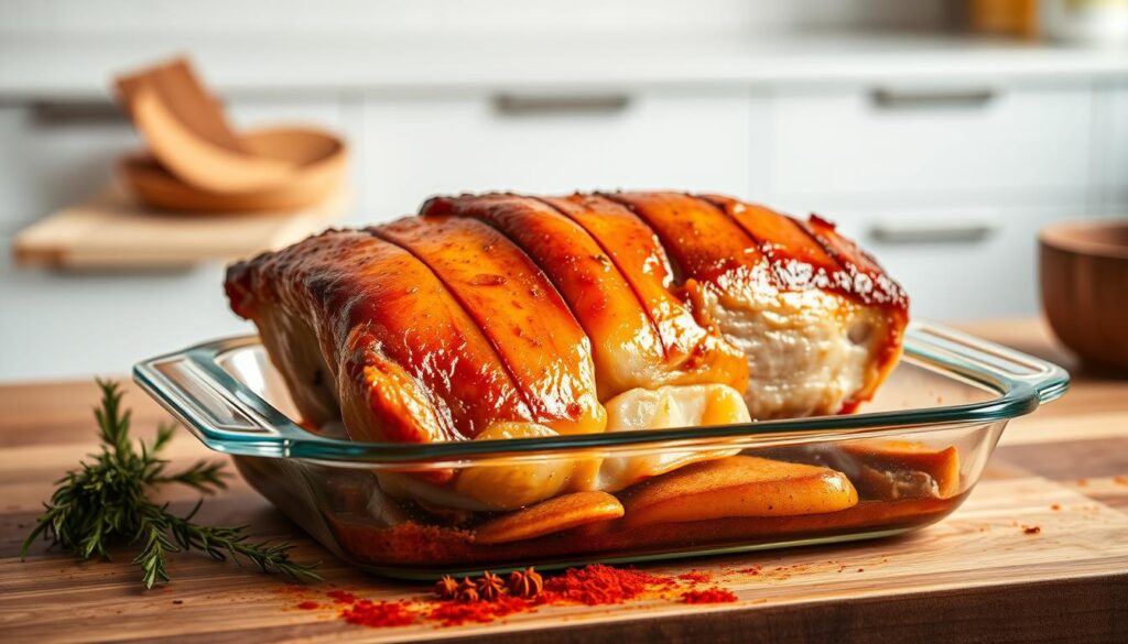 A golden-brown pork belly sizzling in a glass baking dish, placed in the center of a modern, minimalist kitchen. The meat is expertly scored, allowing the fat to render and crisp up. Aromatic herbs and spices are scattered around the dish, including rosemary, thyme, and a hint of smoked paprika. Warm, direct lighting casts a tantalizing glow, highlighting the juicy, caramelized edges. The overall scene evokes a sense of rustic, comforting elegance, perfect for illustrating the process of baking pork belly to perfection. A golden-brown pork belly sizzling in a glass baking dish, placed in the center of a modern, minimalist kitchen. The meat is expertly scored, allowing the fat to render and crisp up. Aromatic herbs and spices are scattered around the dish, including rosemary, thyme, and a hint of smoked paprika. Warm, direct lighting casts a tantalizing glow, highlighting the juicy, caramelized edges. The overall scene evokes a sense of rustic, comforting elegance, perfect for illustrating the process of baking pork belly to perfection.