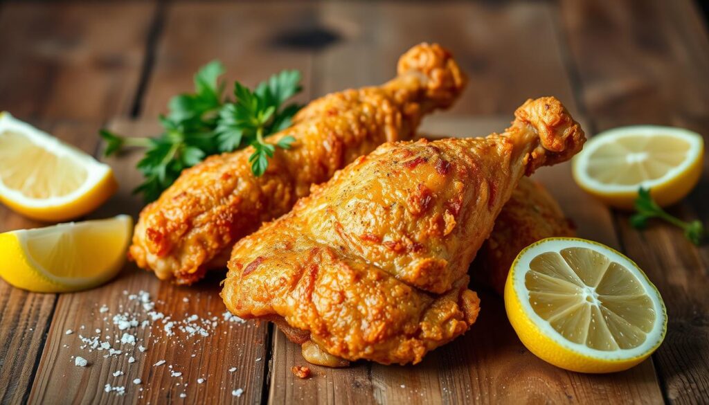 A juicy, golden-brown fried chicken dish, with a crispy, seasoned skin and tender, succulent meat. Positioned centrally on a rustic, wooden table, the chicken is accompanied by fresh herbs, lemon wedges, and a sprinkle of coarse salt. Soft, diffused lighting casts a warm, inviting glow, creating an appetizing atmosphere. The camera angle is slightly elevated, highlighting the delectable presentation and encouraging the viewer to imagine the satisfying texture and flavor of this perfectly cooked, homemade fried chicken recipe. A juicy, golden-brown fried chicken dish, with a crispy, seasoned skin and tender, succulent meat. Positioned centrally on a rustic, wooden table, the chicken is accompanied by fresh herbs, lemon wedges, and a sprinkle of coarse salt. Soft, diffused lighting casts a warm, inviting glow, creating an appetizing atmosphere. The camera angle is slightly elevated, highlighting the delectable presentation and encouraging the viewer to imagine the satisfying texture and flavor of this perfectly cooked, homemade fried chicken recipe.