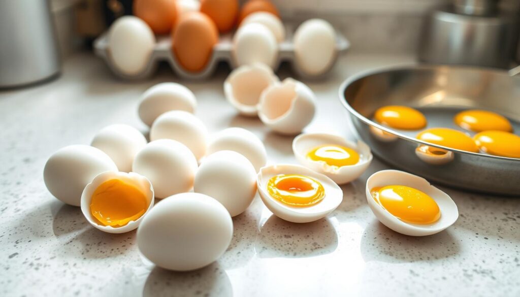 A kitchen counter with a bright, natural light source illuminating a collection of fresh, high-quality eggs. The eggs are in varying stages of preparation - some still in their shells, others cracked open into a bowl, and a few lightly cooked in a pan, revealing soft, golden yolks. The scene conveys a sense of culinary expertise and attention to detail, highlighting the importance of proper egg preparation for achieving the perfect soft-boiled result. The overall mood is one of calm, inviting the viewer to explore the nuances of cooking this versatile ingredient. A kitchen counter with a bright, natural light source illuminating a collection of fresh, high-quality eggs. The eggs are in varying stages of preparation - some still in their shells, others cracked open into a bowl, and a few lightly cooked in a pan, revealing soft, golden yolks. The scene conveys a sense of culinary expertise and attention to detail, highlighting the importance of proper egg preparation for achieving the perfect soft-boiled result. The overall mood is one of calm, inviting the viewer to explore the nuances of cooking this versatile ingredient.