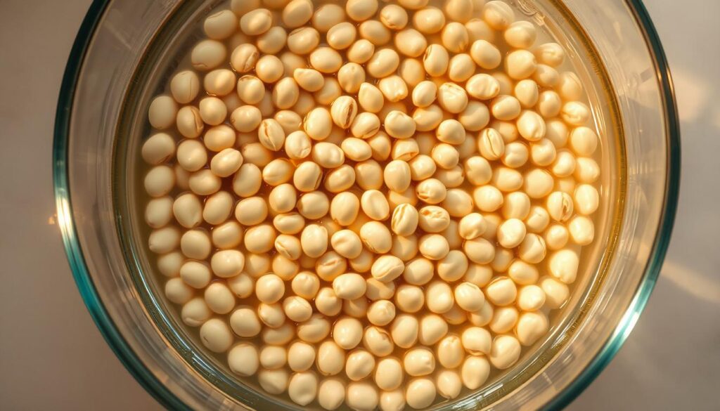 A large glass bowl filled with dried white beans, partially submerged in clear water. The beans are evenly arranged, casting soft shadows on the smooth, reflective surface of the water. Warm, diffused lighting from the side illuminates the scene, creating a serene and inviting atmosphere. The image is captured at a slight overhead angle, allowing the viewer to appreciate the simplicity and natural beauty of the soaking process. The overall composition conveys a sense of preparation, anticipation, and the humble beginnings of a hearty meal. A large glass bowl filled with dried white beans, partially submerged in clear water. The beans are evenly arranged, casting soft shadows on the smooth, reflective surface of the water. Warm, diffused lighting from the side illuminates the scene, creating a serene and inviting atmosphere. The image is captured at a slight overhead angle, allowing the viewer to appreciate the simplicity and natural beauty of the soaking process. The overall composition conveys a sense of preparation, anticipation, and the humble beginnings of a hearty meal.