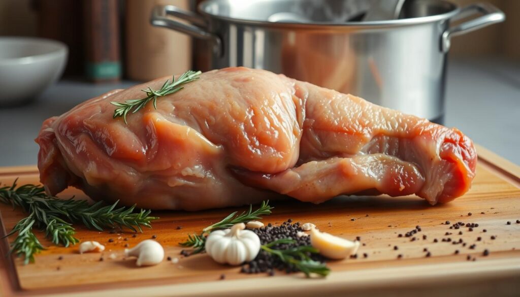 A large pork knuckle, or "golonka", resting on a wooden cutting board. The surface is scattered with fragrant herbs and spices - rosemary, thyme, garlic, and black pepper. The light illuminates the succulent, golden-brown skin, hinting at the tender, flavorful meat within. In the background, a stainless steel pot simmers gently, steam rising in anticipation. The scene conveys the importance of proper preparation before slow cooking, to ensure the golonka achieves a soft, aromatic texture. The overall mood is one of culinary focus and anticipation. A large pork knuckle, or "golonka", resting on a wooden cutting board. The surface is scattered with fragrant herbs and spices - rosemary, thyme, garlic, and black pepper. The light illuminates the succulent, golden-brown skin, hinting at the tender, flavorful meat within. In the background, a stainless steel pot simmers gently, steam rising in anticipation. The scene conveys the importance of proper preparation before slow cooking, to ensure the golonka achieves a soft, aromatic texture. The overall mood is one of culinary focus and anticipation.
