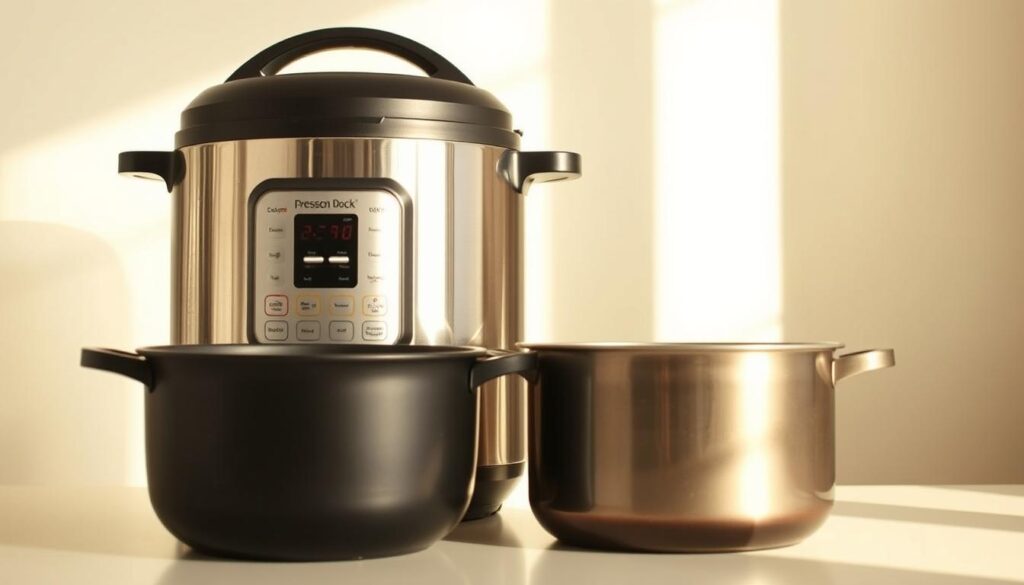 A large, stainless steel pressure cooker stands in the foreground, its gleaming surface reflecting the warm, natural lighting from a nearby window. Beside it, a traditional heavy-bottomed pot sits, its matte black exterior contrasting with the shiny appliance. The scene is set against a clean, minimalist background, allowing the cookware to be the focal point. The lighting casts subtle shadows, adding depth and dimensionality to the composition. The overall mood is one of functionality and efficiency, hinting at the advantages and differences between the two cooking methods featured in the article. A large, stainless steel pressure cooker stands in the foreground, its gleaming surface reflecting the warm, natural lighting from a nearby window. Beside it, a traditional heavy-bottomed pot sits, its matte black exterior contrasting with the shiny appliance. The scene is set against a clean, minimalist background, allowing the cookware to be the focal point. The lighting casts subtle shadows, adding depth and dimensionality to the composition. The overall mood is one of functionality and efficiency, hinting at the advantages and differences between the two cooking methods featured in the article.