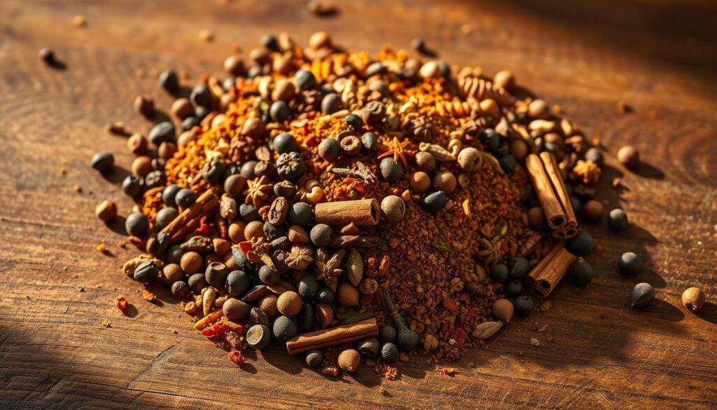 A meticulously curated blend of aromatic spices, meticulously arranged on a rustic wooden surface, casting warm, golden shadows under soft, diffused lighting. The mix includes whole peppercorns, fragrant cinnamon sticks, vibrant paprika, earthy cumin, and other complementary seasonings, creating a harmonious symphony of flavors to elevate the juicy, tender turkey. The composition is framed by a subtle vignette, drawing the eye to the center of the frame, showcasing the artisanal, homemade nature of this indispensable seasoning mix. A meticulously curated blend of aromatic spices, meticulously arranged on a rustic wooden surface, casting warm, golden shadows under soft, diffused lighting. The mix includes whole peppercorns, fragrant cinnamon sticks, vibrant paprika, earthy cumin, and other complementary seasonings, creating a harmonious symphony of flavors to elevate the juicy, tender turkey. The composition is framed by a subtle vignette, drawing the eye to the center of the frame, showcasing the artisanal, homemade nature of this indispensable seasoning mix.