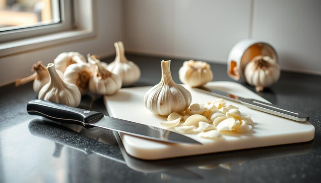 A neatly organized kitchen counter with fresh garlic bulbs, a sharp knife, and a clean cutting board. The garlic is placed in the center, ready to be carefully peeled and sliced. Soft, natural lighting filters through a nearby window, casting a warm glow on the scene. The overall atmosphere is one of focused preparation, highlighting the importance of properly preparing garlic before freezing to preserve its robust flavor. The composition emphasizes the simplicity and efficiency of the task at hand, conveying a sense of care and attention to detail.