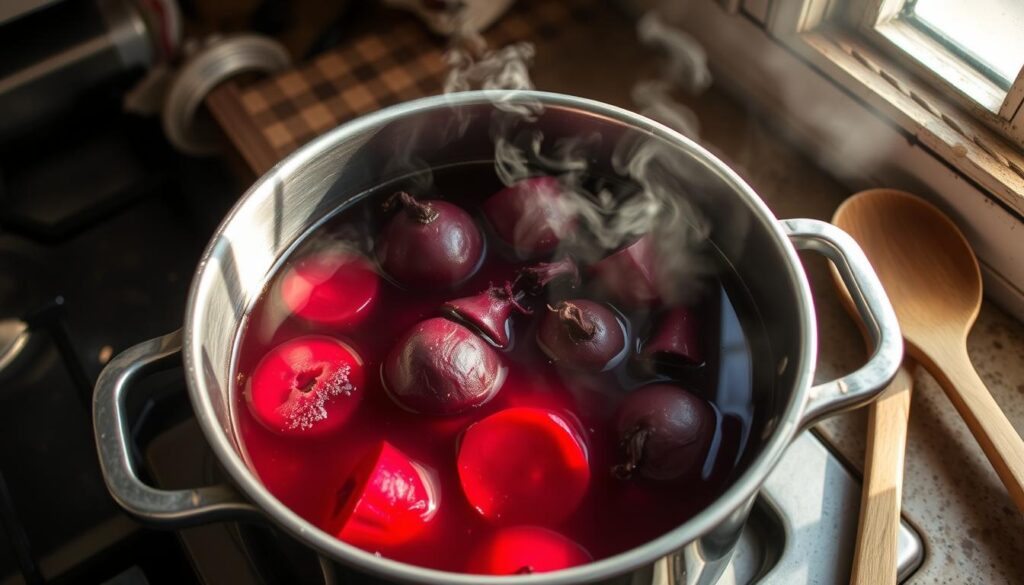 A pot of fresh red beets simmering on a rustic stovetop, steam rising gently. The beets, submerged in a clear broth, are slowly becoming tender and infusing the liquid with their deep crimson hue. Soft natural light filters in through a nearby window, casting warm shadows across the scene. The countertop is speckled with specks of dirt, hinting at the beets' recent harvest. The air is filled with the earthy, slightly sweet aroma of the simmering beets. A wooden spoon rests nearby, ready to test the beets' doneness. The overall atmosphere is one of simple, homespun cooking, focused on bringing out the best in this humble, nourishing vegetable.