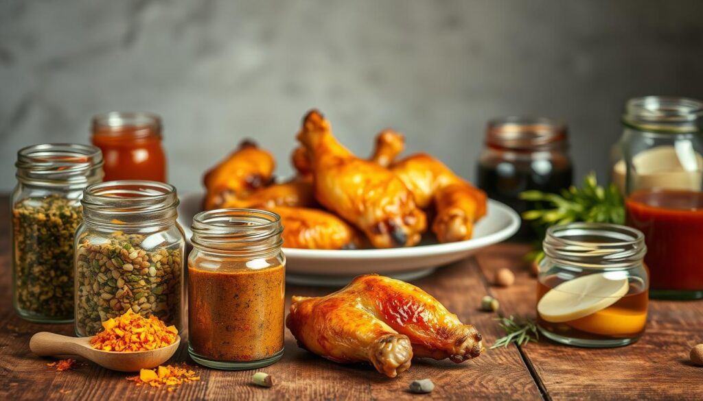 A richly textured still life composition depicting an assortment of homemade marinades and basting sauces for roasted chicken wings. The foreground features several small glass jars filled with various aromatic spice blends, herbs, and citrus zests, arranged artfully on a rustic wooden surface. In the middle ground, a plate showcases delectable roasted chicken wings, their crispy golden-brown skin glistening under the warm, softly diffused lighting. The background features a neutral, slightly blurred backdrop, allowing the culinary elements to take center stage. Evoke a cozy, inviting atmosphere, capturing the essence of traditional, time-honored recipes for tender, flavorful oven-baked chicken.