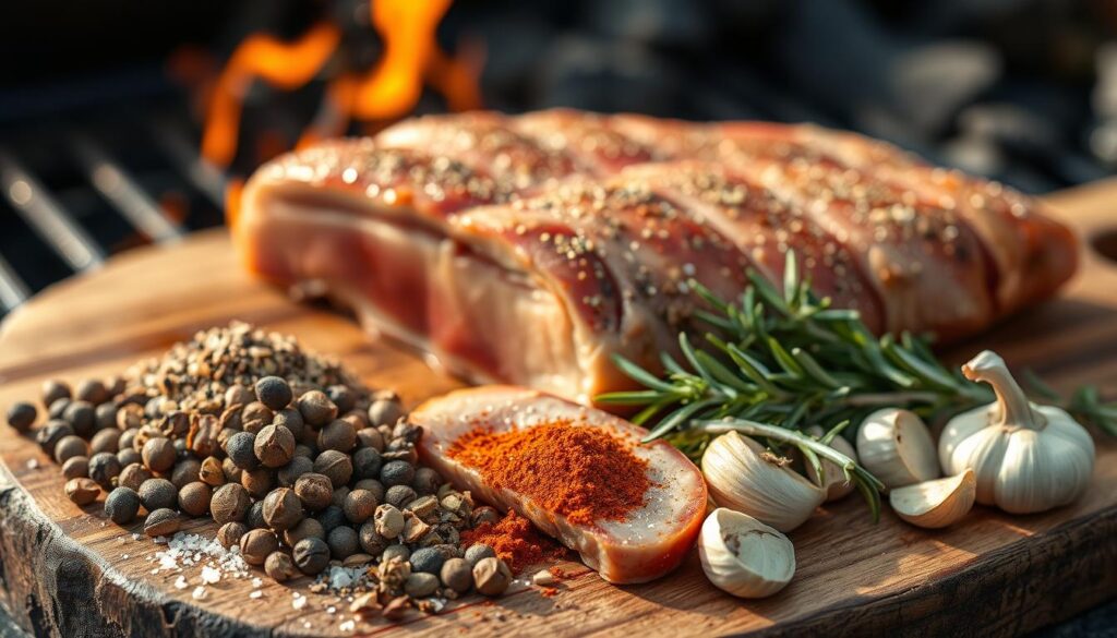 A rustic, artisanal-style still life arrangement showcasing an assortment of the best spices and seasonings for grilling pork belly. In the foreground, a wooden board is adorned with whole peppercorns, coarse sea salt, smoked paprika, dried thyme, rosemary sprigs, and garlic cloves. The middle ground features the pork belly itself, lightly seasoned and ready for the grill, casting a warm, mouthwatering glow. The background is softly blurred, hinting at the crackling fire of a charcoal grill. The lighting is natural, with hints of golden-hour sunlight filtering through. The overall mood is rustic, inviting, and evocative of the perfect grilled pork belly experience. A rustic, artisanal-style still life arrangement showcasing an assortment of the best spices and seasonings for grilling pork belly. In the foreground, a wooden board is adorned with whole peppercorns, coarse sea salt, smoked paprika, dried thyme, rosemary sprigs, and garlic cloves. The middle ground features the pork belly itself, lightly seasoned and ready for the grill, casting a warm, mouthwatering glow. The background is softly blurred, hinting at the crackling fire of a charcoal grill. The lighting is natural, with hints of golden-hour sunlight filtering through. The overall mood is rustic, inviting, and evocative of the perfect grilled pork belly experience.