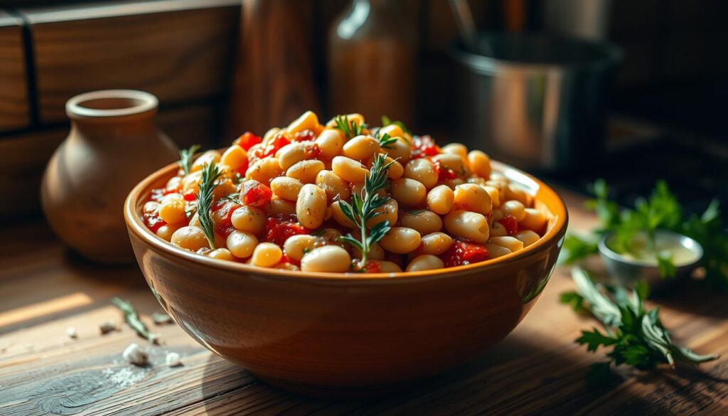 A rustic kitchen counter, illuminated by warm natural light, showcases a hearty bowl of homemade "fasolka po bretońsku" - a traditional Polish dish of white beans simmered in a savory tomato-based sauce. The beans are plump and tender, their creamy texture accentuated by the aromatic blend of garlic, onion, and fragrant spices. Fresh herbs, such as thyme and parsley, add a vibrant, earthy touch, while a sprinkle of sea salt and a drizzle of olive oil complete the comforting, homestyle presentation. The scene evokes the comforting flavors of a beloved family recipe, evoking memories of meals shared at grandmother's table. A rustic kitchen counter, illuminated by warm natural light, showcases a hearty bowl of homemade "fasolka po bretońsku" - a traditional Polish dish of white beans simmered in a savory tomato-based sauce. The beans are plump and tender, their creamy texture accentuated by the aromatic blend of garlic, onion, and fragrant spices. Fresh herbs, such as thyme and parsley, add a vibrant, earthy touch, while a sprinkle of sea salt and a drizzle of olive oil complete the comforting, homestyle presentation. The scene evokes the comforting flavors of a beloved family recipe, evoking memories of meals shared at grandmother's table.