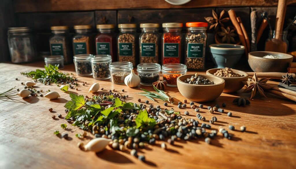 A rustic kitchen counter showcases a variety of aromatic spices, herbs, and seasoning blends. In the foreground, a handful of fragrant dried herbs, garlic cloves, and peppercorns are scattered across the wooden surface, casting long shadows under warm, directional lighting. In the middle ground, a variety of small glass jars and ceramic bowls hold carefully curated spice mixes, each one crafted to enhance the flavors of meat-based dishes. The background features a selection of whole spices, such as cinnamon sticks, star anise, and cloves, arranged in a visually appealing manner. The overall scene evokes a sense of culinary expertise and the joy of crafting delicious, aromatic meals. A rustic kitchen counter showcases a variety of aromatic spices, herbs, and seasoning blends. In the foreground, a handful of fragrant dried herbs, garlic cloves, and peppercorns are scattered across the wooden surface, casting long shadows under warm, directional lighting. In the middle ground, a variety of small glass jars and ceramic bowls hold carefully curated spice mixes, each one crafted to enhance the flavors of meat-based dishes. The background features a selection of whole spices, such as cinnamon sticks, star anise, and cloves, arranged in a visually appealing manner. The overall scene evokes a sense of culinary expertise and the joy of crafting delicious, aromatic meals.