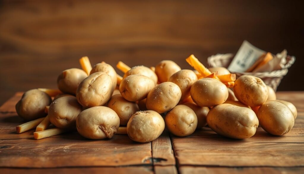 A rustic wooden table is showcased under warm, natural lighting. On the table, a selection of freshly harvested potatoes is carefully arranged, their golden-brown skins glistening. The potatoes are of varying sizes and shapes, representing the diverse quality and texture ideal for creating crisp, golden french fries. In the background, a simple, uncluttered space allows the focus to remain on the potatoes, highlighting their importance as the key ingredient for the perfect fry. The overall composition conveys a sense of care, attention to detail, and a celebration of the humble potato's role in crafting a delectable culinary experience.