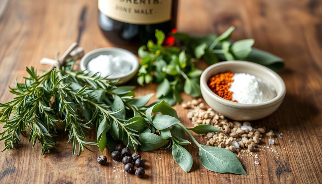 A rustic wooden table, its surface textured with the grain, serves as the backdrop for an array of flavorful ingredients. In the foreground, a selection of aromatic herbs - rosemary, thyme, and bay leaves - are neatly arranged, their verdant hues contrasting with the warm, earthy tones of the table. Alongside, a sprinkle of whole peppercorns and a pile of coarse sea salt add depth and complexity. In the middle ground, a bottle of rich, red wine and a small ceramic bowl filled with a blend of spices, including paprika, garlic powder, and onion flakes, create a sense of anticipation for the perfect marinade. The lighting is soft and natural, casting a gentle glow over the scene, evoking the comforting atmosphere of a well-equipped kitchen, ready to transform these simple ingredients into a mouthwatering pork roast. A rustic wooden table, its surface textured with the grain, serves as the backdrop for an array of flavorful ingredients. In the foreground, a selection of aromatic herbs - rosemary, thyme, and bay leaves - are neatly arranged, their verdant hues contrasting with the warm, earthy tones of the table. Alongside, a sprinkle of whole peppercorns and a pile of coarse sea salt add depth and complexity. In the middle ground, a bottle of rich, red wine and a small ceramic bowl filled with a blend of spices, including paprika, garlic powder, and onion flakes, create a sense of anticipation for the perfect marinade. The lighting is soft and natural, casting a gentle glow over the scene, evoking the comforting atmosphere of a well-equipped kitchen, ready to transform these simple ingredients into a mouthwatering pork roast.