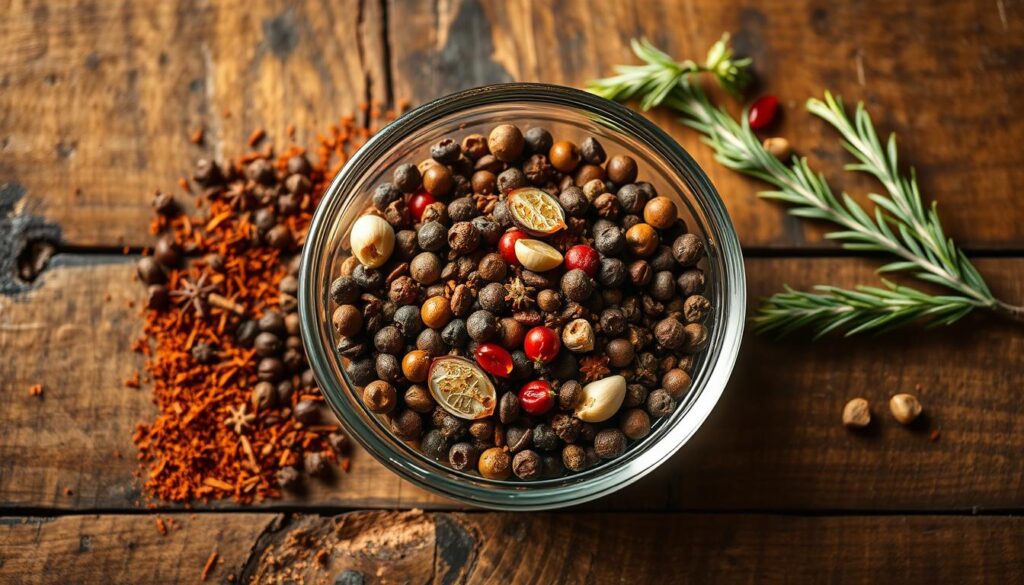 A rustic wooden table, its surface weathered and worn, serves as the backdrop for a close-up view of a marynata, or marinade, for smoked ham. In the center, a small glass bowl overflows with a rich, aromatic mixture of spices and herbs, including fragrant garlic, peppery peppercorns, and earthy bay leaves. The warm lighting casts a soft, golden glow, accentuating the depth of color and texture in the ingredients. Surrounding the bowl, a scattering of additional spices and fresh sprigs of rosemary and thyme suggest the care and attention given to crafting this perfect seasoning blend for smoked ham. A rustic wooden table, its surface weathered and worn, serves as the backdrop for a close-up view of a marynata, or marinade, for smoked ham. In the center, a small glass bowl overflows with a rich, aromatic mixture of spices and herbs, including fragrant garlic, peppery peppercorns, and earthy bay leaves. The warm lighting casts a soft, golden glow, accentuating the depth of color and texture in the ingredients. Surrounding the bowl, a scattering of additional spices and fresh sprigs of rosemary and thyme suggest the care and attention given to crafting this perfect seasoning blend for smoked ham.