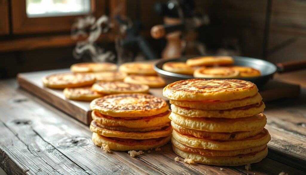 A rustic wooden table, its surface worn with time, serves as the backdrop for a tantalizing display of homemade potato pancakes. The golden-brown discs, sizzling fresh from the pan, cast a warm glow across the scene. Wisps of steam curl upwards, hinting at the crisp exterior and fluffy interior of these traditional Polish treats. In the foreground, a stack of peeled and grated potatoes awaits its turn, ready to be transformed into the perfect blend of crunch and starch. Overhead, soft natural lighting filters through a window, accentuating the rich, earthy tones and creating a cozy, inviting atmosphere. This image captures the essence of the classic "przepis na placki ziemniaczane," a cherished recipe that has been passed down through generations, promising a delightful and satisfying culinary experience.